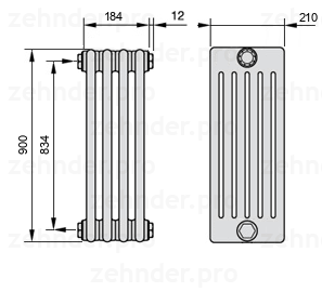 Схема (чертеж) Радиатор Zehnder Charleston 6090/4 №1270 Белый глянцевый RAL 9016